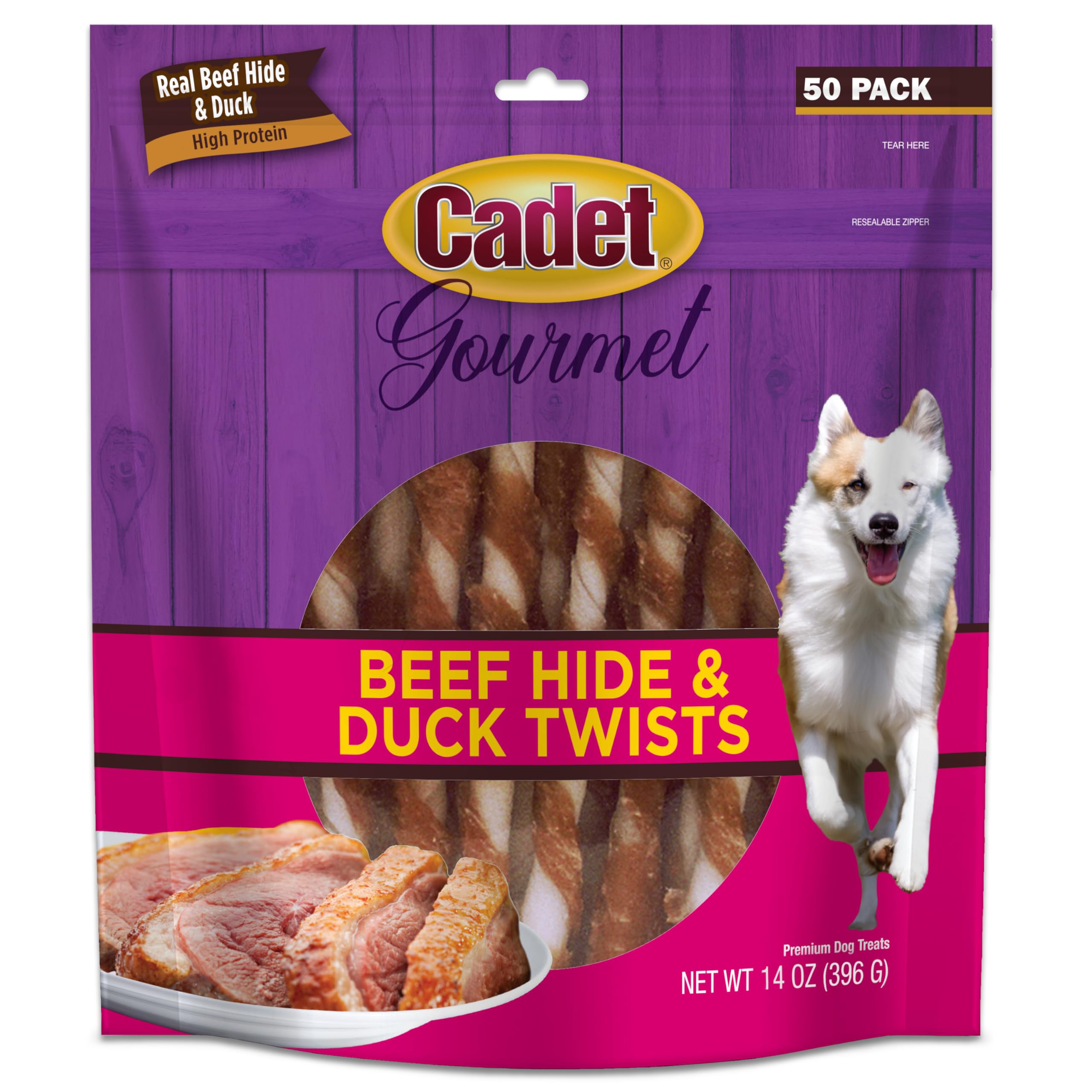Cadet Gourmet: peau de bœuf torsadée, saveur canard, pour occuper chien longtemps.