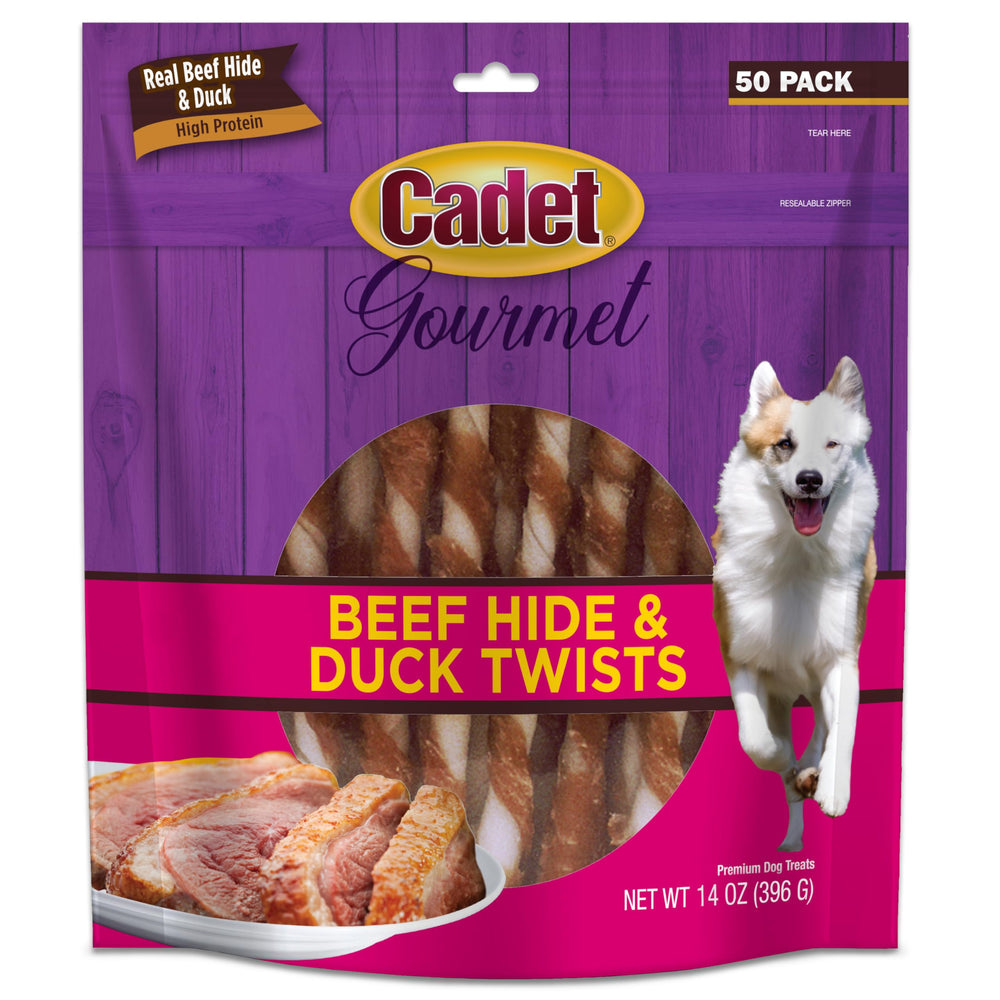 Cadet Gourmet: peau de bœuf torsadée, saveur canard, pour occuper chien longtemps.
