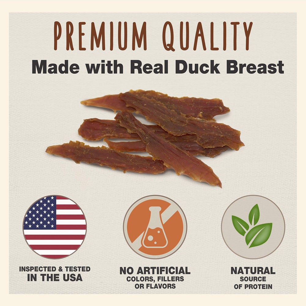 Cadet Gourmet Poitrine de Canard Jerky, emballage montrant la texture et la portion