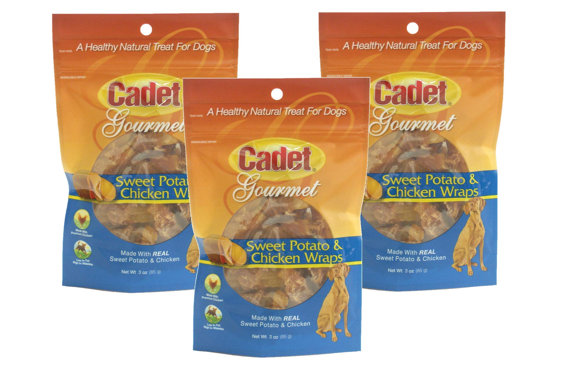 Cadet Gourmet rouleaux patate douce et poulet, friandise faible en gras pour chiens actifs.