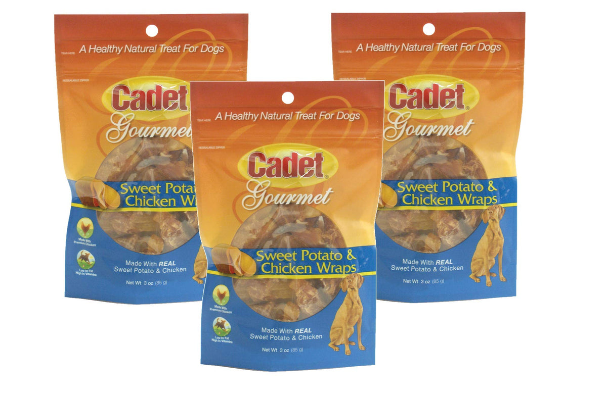 Cadet Gourmet rouleaux patate douce et poulet, friandise faible en gras pour chiens actifs.