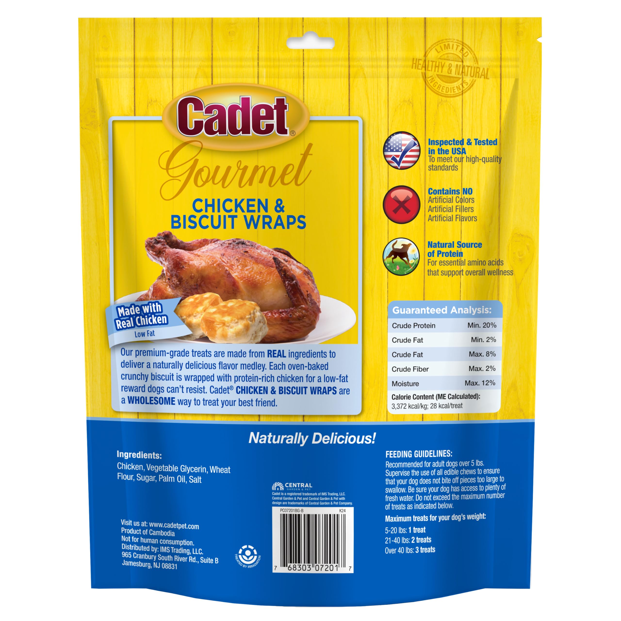 Cadet poulet biscuit qualité inspection rigoureuse, friandise fiable pour chiens.