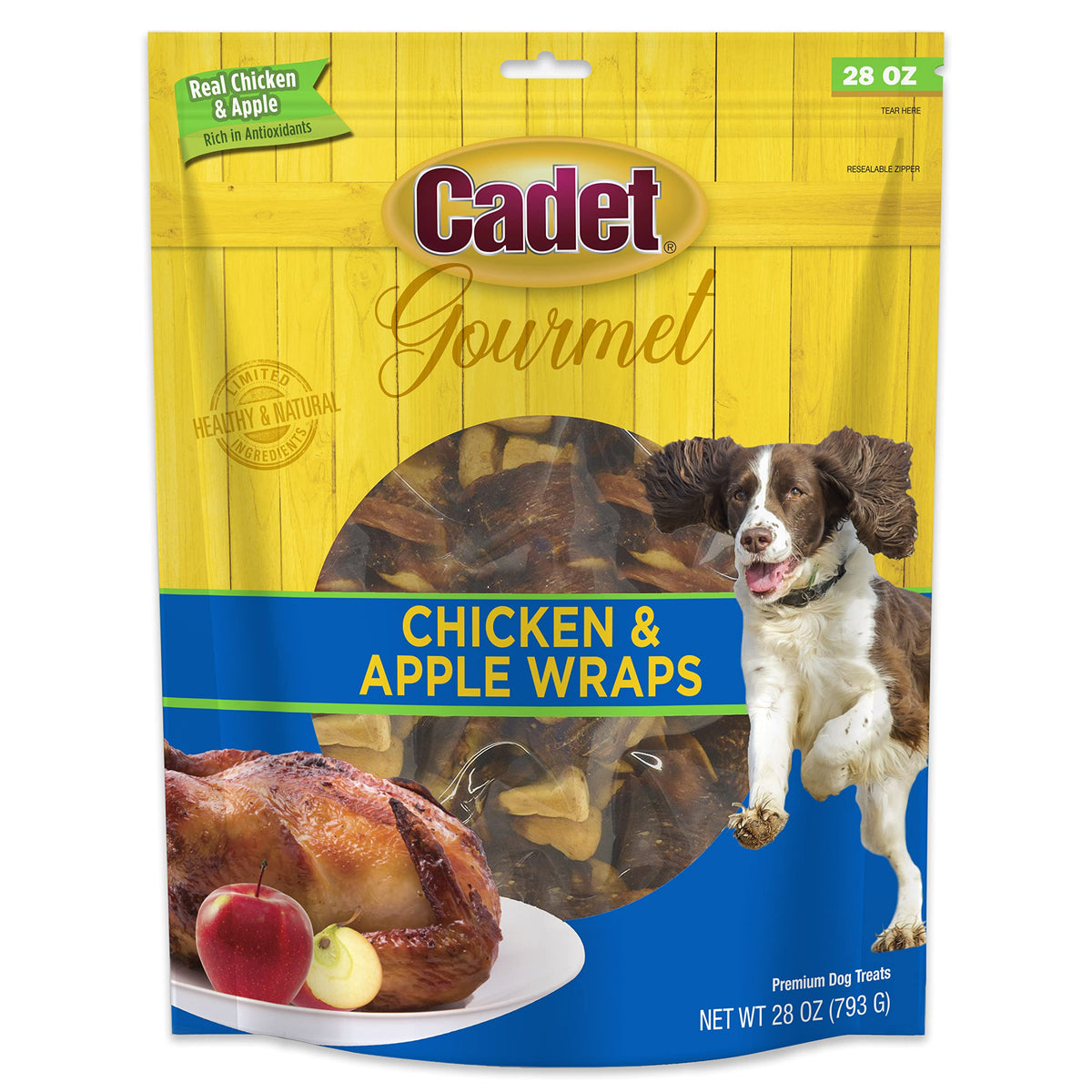Cadet friandises enveloppées poulet et pomme, emballage visible et goût naturel.