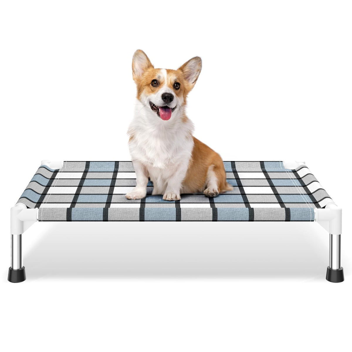 Caghash lit chien surélevé extérieur bleu avec grille, confort durable.