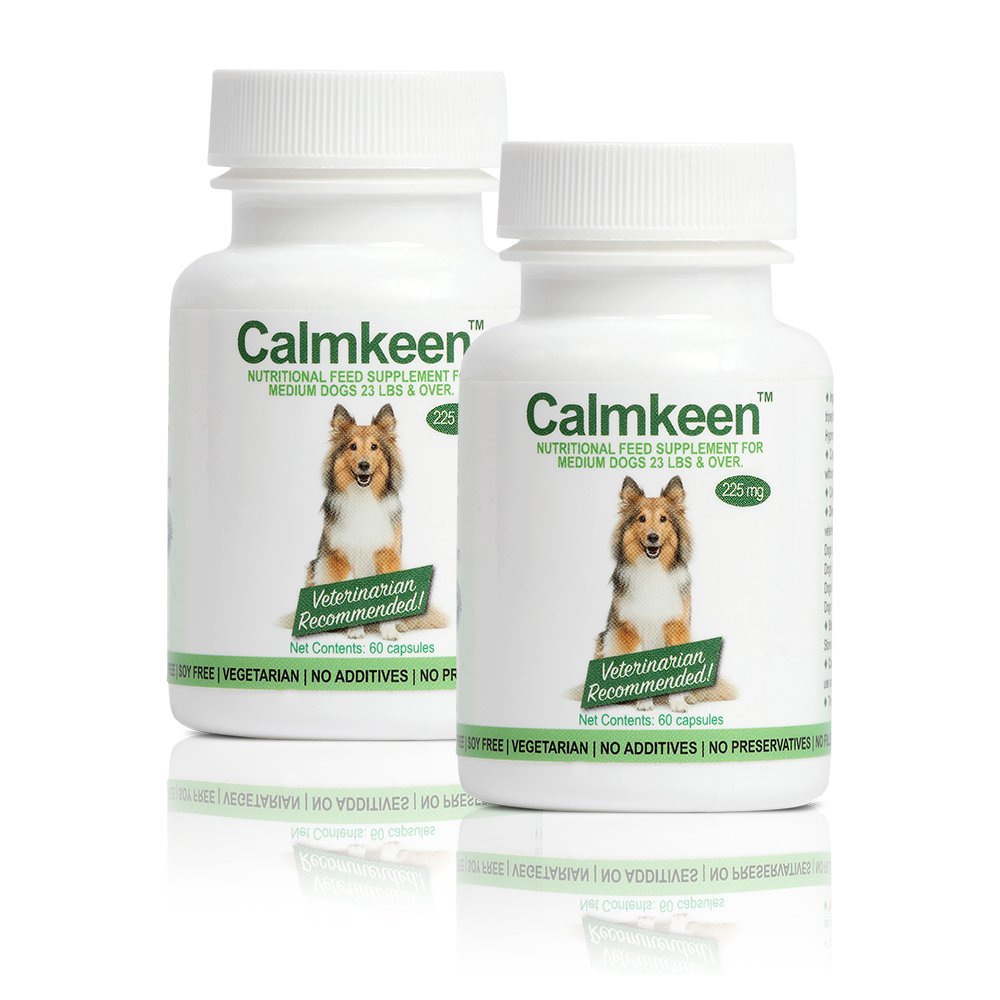 Calmkeen: bouteille et étiquette détaillée, apaisement potentiel pour chiens stressés.