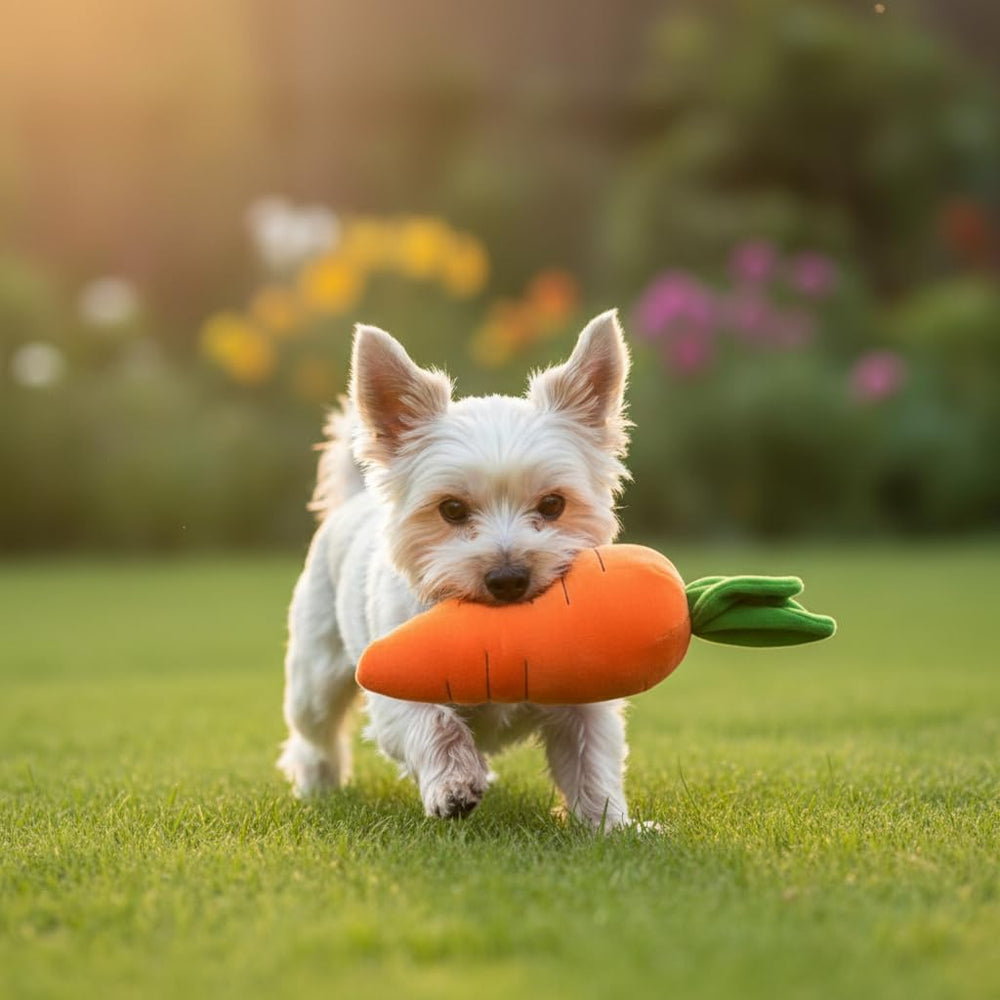 Idéale pour chiots, peluche carotte Calsgkspray sécurisée