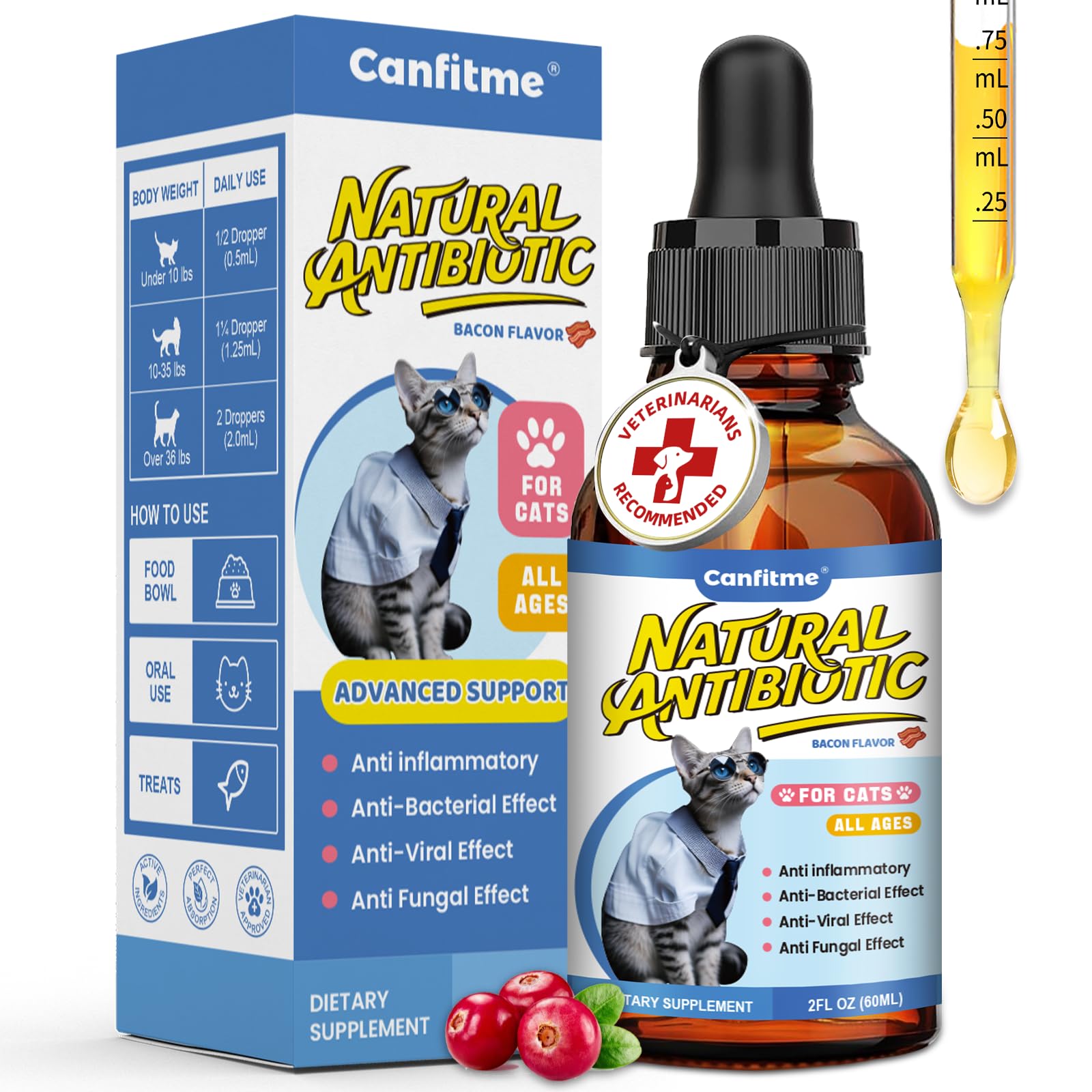 Canfitme Antibitics pour chats — flacon verser, administration simple au quotidien.