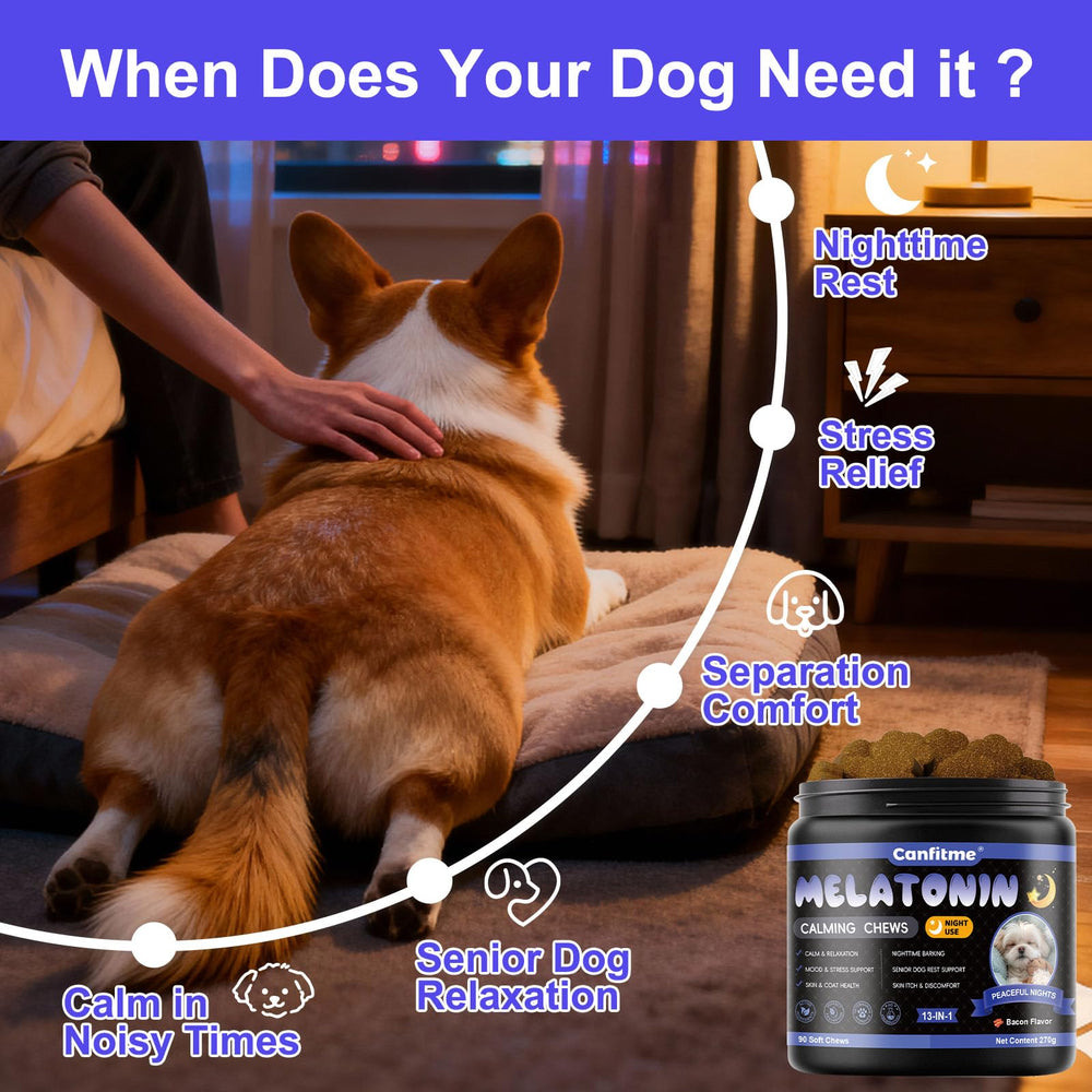 Canfitme Melatonine Chien : ingrédients apaisants comme valeriane et L-théanine pour le calme.