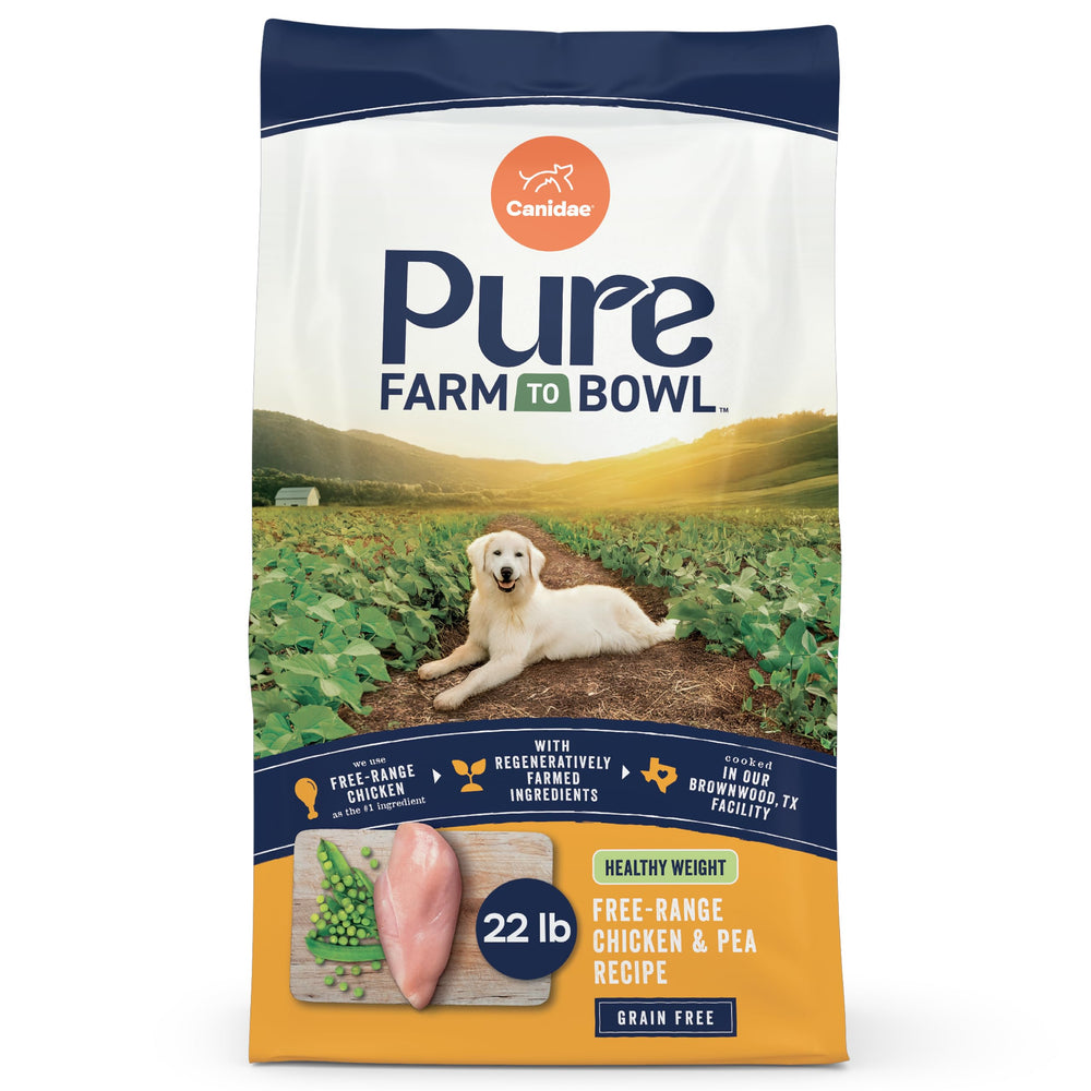 CANIDAE Pure montre poulet fermier et pois, ingrédient vedette pour alimentation équilibrée.