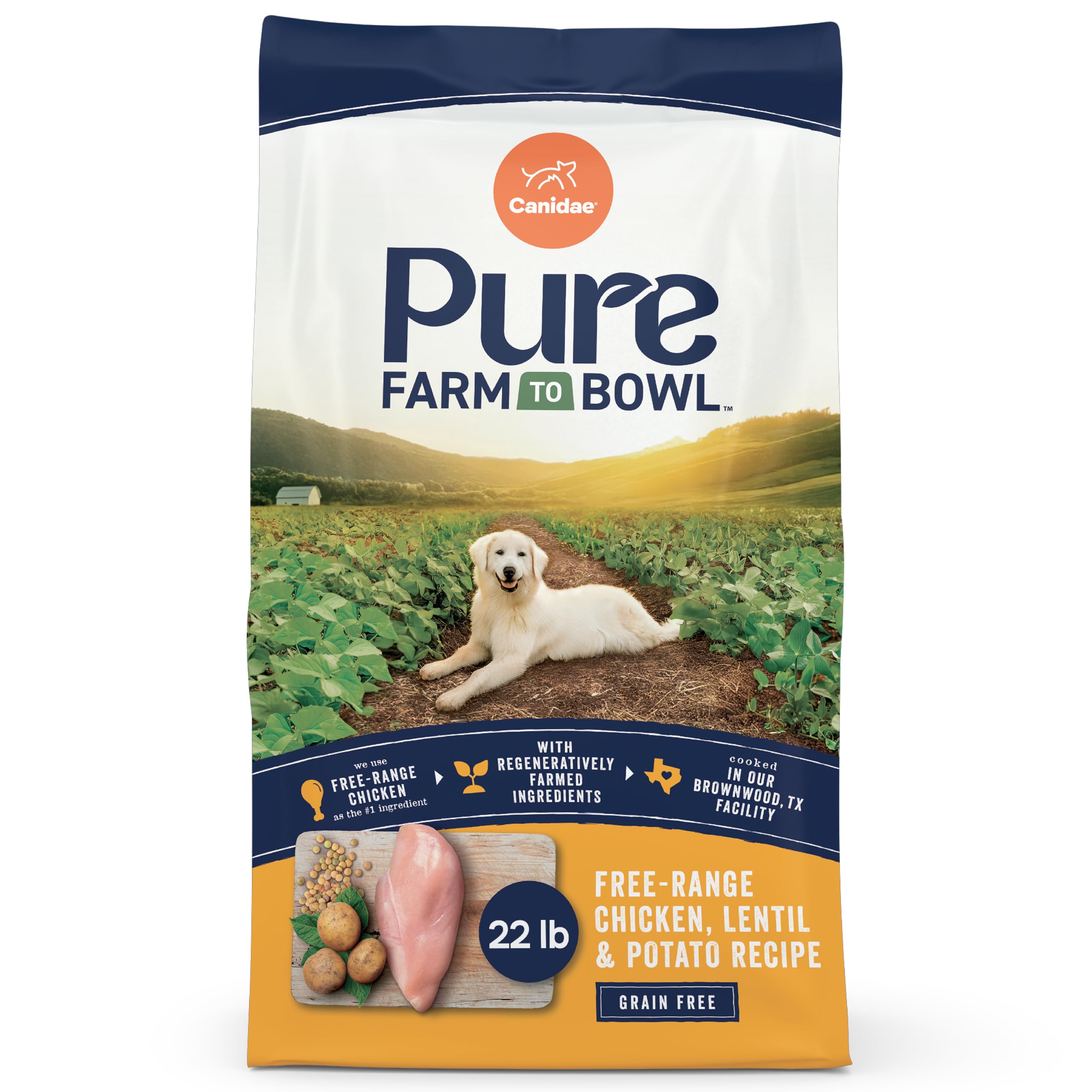 Canidae Pure emballage clair, option sans céréales, nutrition transparente pour chiens adultes.