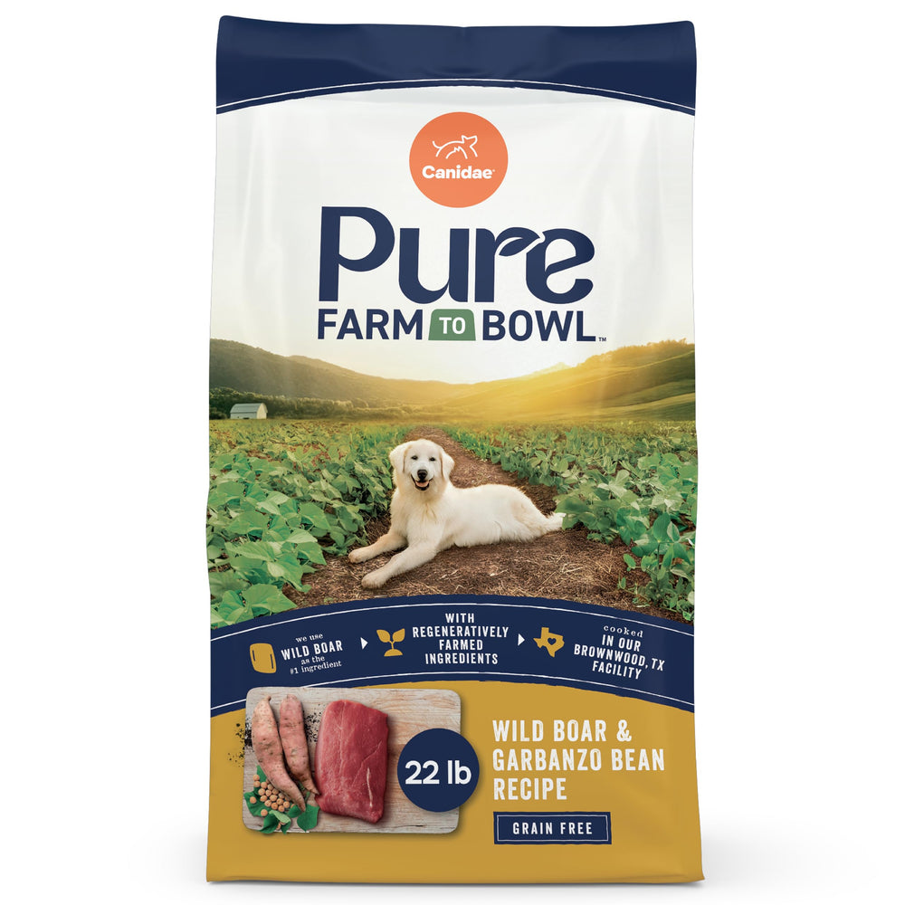Canidae Pure Farm to Bowl sanglier croquettes pour chien, goût riche et soutien musculaire.