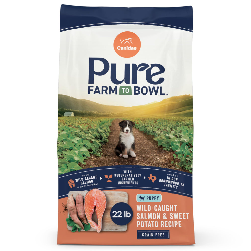 CANIDAE Pure ferme au bol saumon patates douces chiot — repas riche en oméga-3 pour peau et poil.