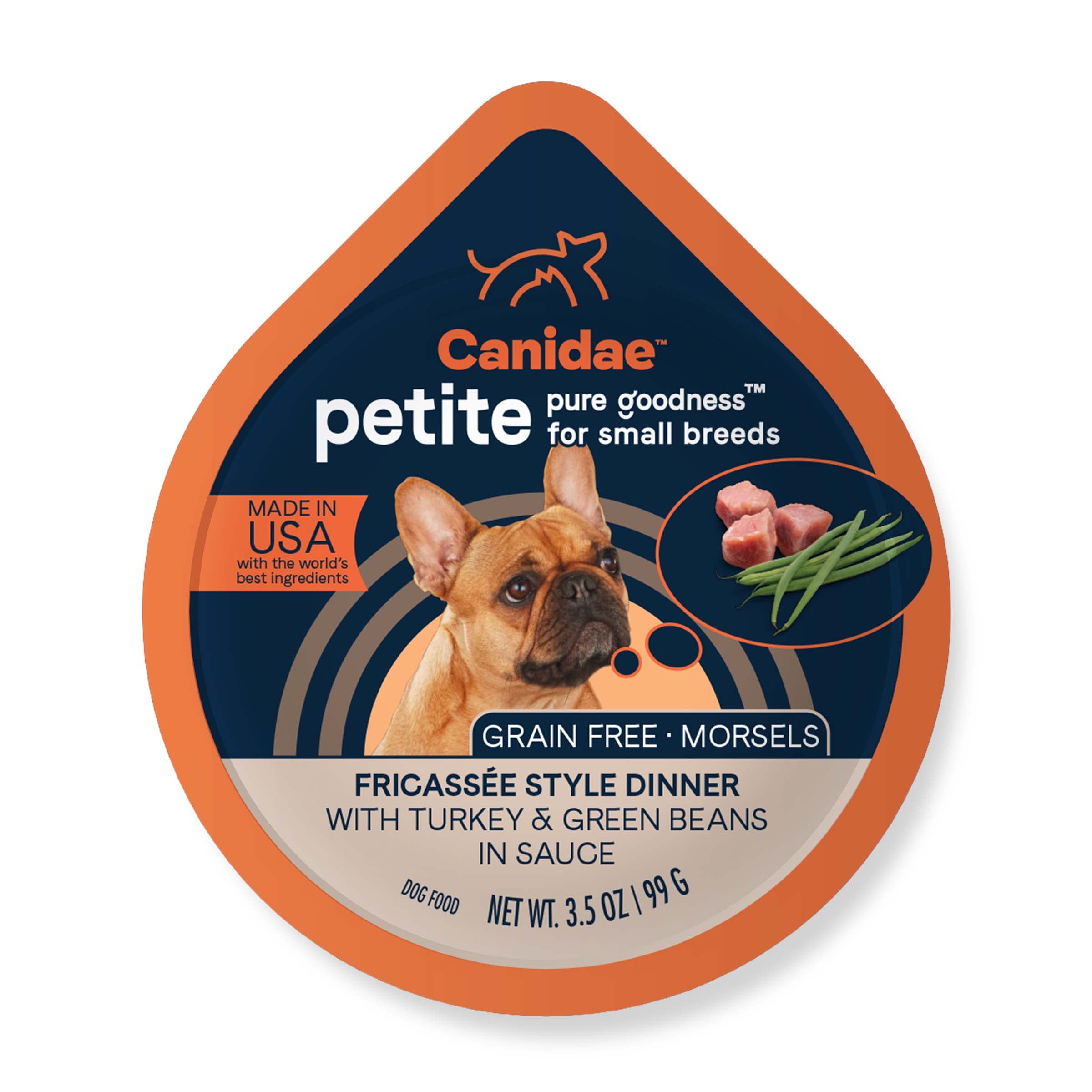 Canidae Pure Petite dinde et haricots verts en sauce, portions faciles à servir.