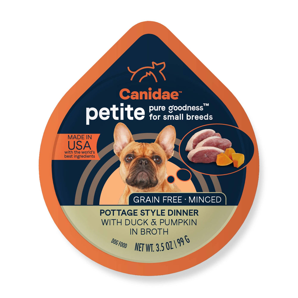 Canidae Pure Petite: pot canard et citrouille en bouillon, repas digeste pour petits chiens.