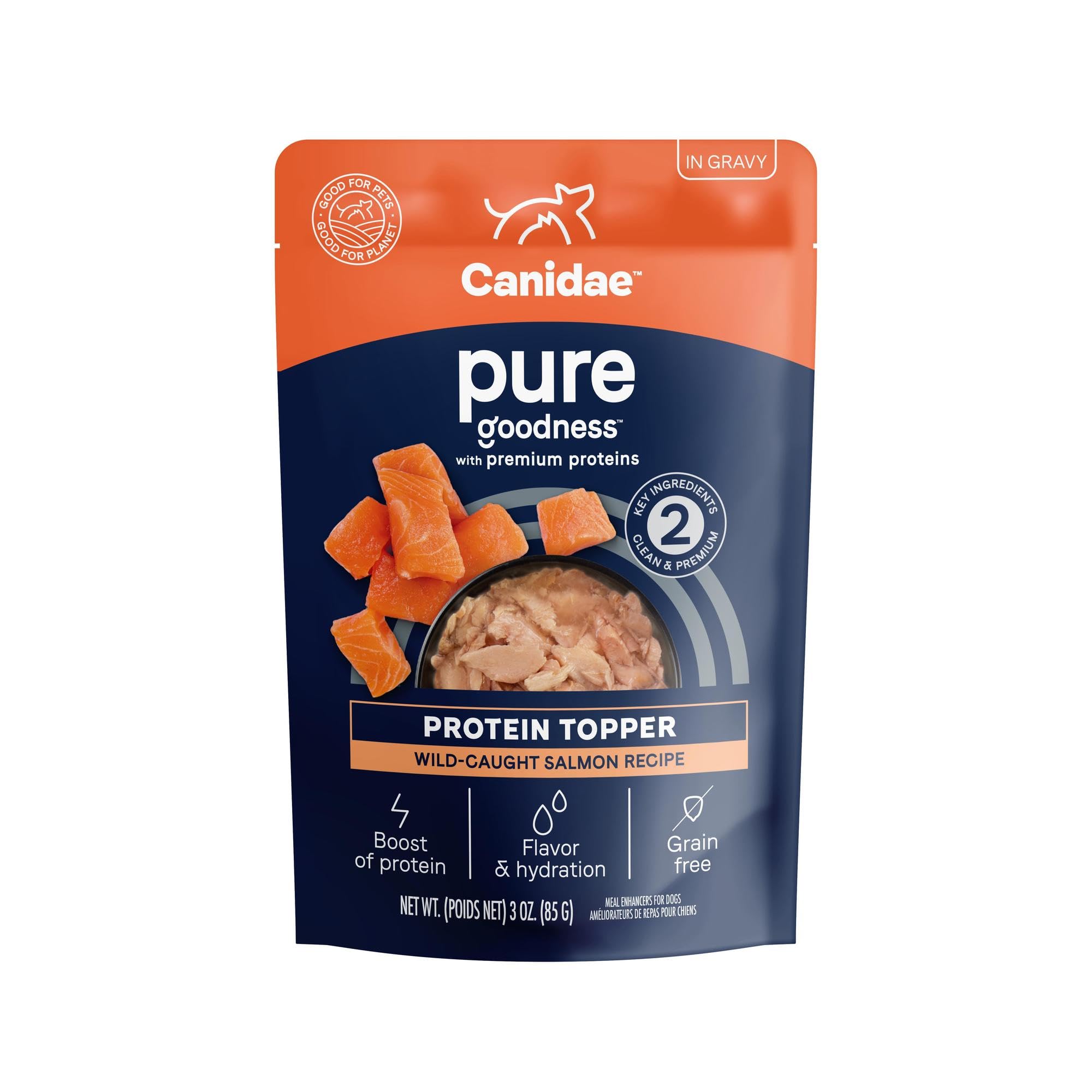 Canidae Pure Protein Topper : morceaux de saumon dans sauce, hydratation et appétit du chien.