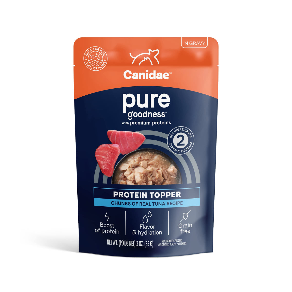 CANIDAE Pure Protein Topper – Morceaux de thon dans sauce brune, boost protéique et arôme appétissant.