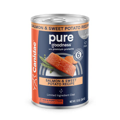 CANIDAE PURE Saumon et Patate Douce en boîte, texture pâtée riche et appétissante.