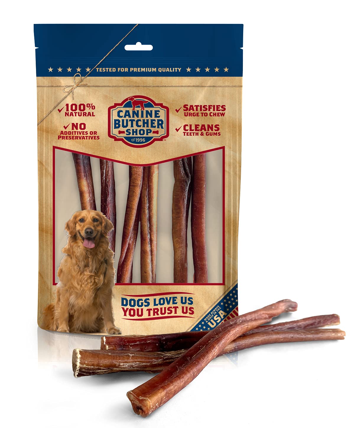Canine Butcher Shop bully-stick 10 pouces, pack de 6, idéal pour mâcher durablement.