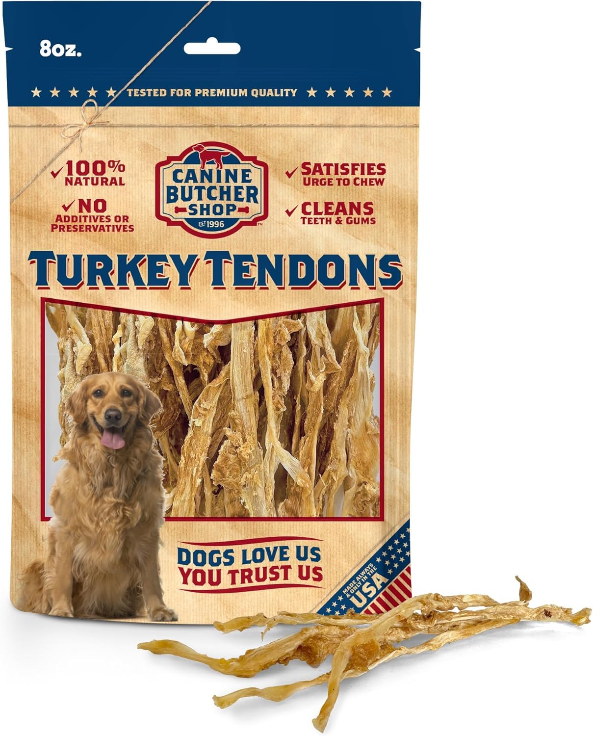 Tendons de dinde Canine Butcher Shop en emballage 8 oz, snack naturel sans additifs.