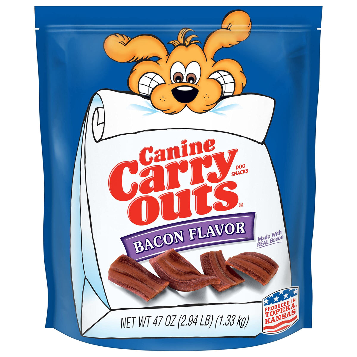 Canine Carry Outs bacon friandises dans un sachet pratique pour récompenses quotidiennes.