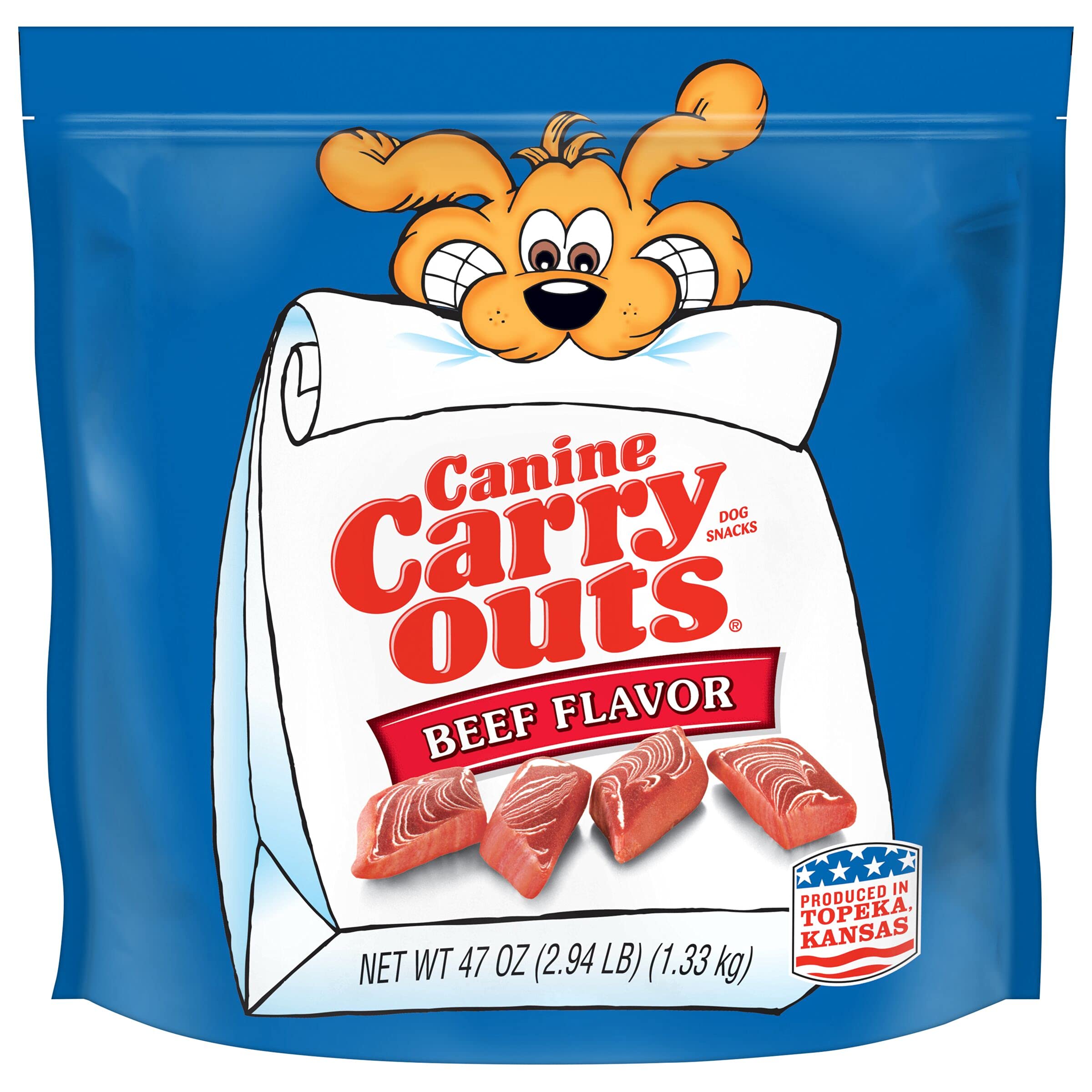 Canine Carry Outs boeuf: aperçu du pack 4 sacs, pratique pour les récompenses quotidiennes.
