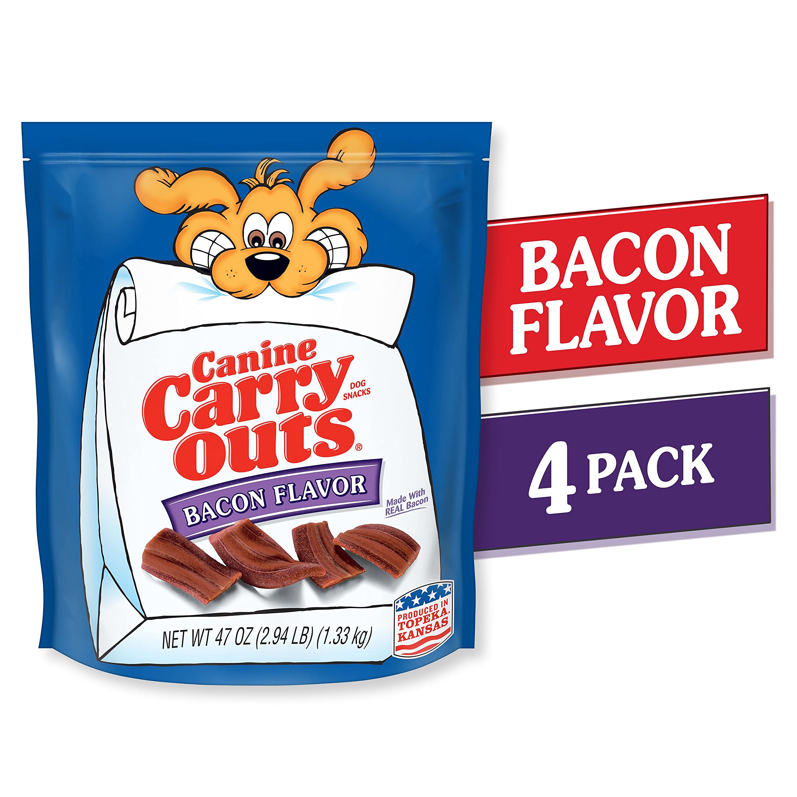 Friandises Canine Carry Outs bacon, formes amusantes pour un moment de jeu.