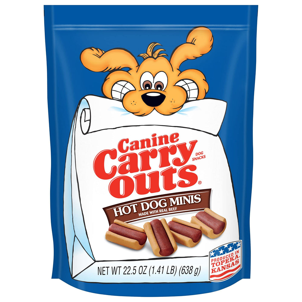 Canine Carry Outs hot dog minis dans le sachet, friandise moelleuse pour récompenser lors de l'entraînement.