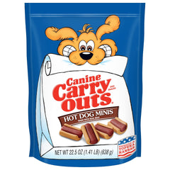 Canine Carry Outs hot dog minis dans le sachet, friandise moelleuse pour récompenser lors de l'entraînement.