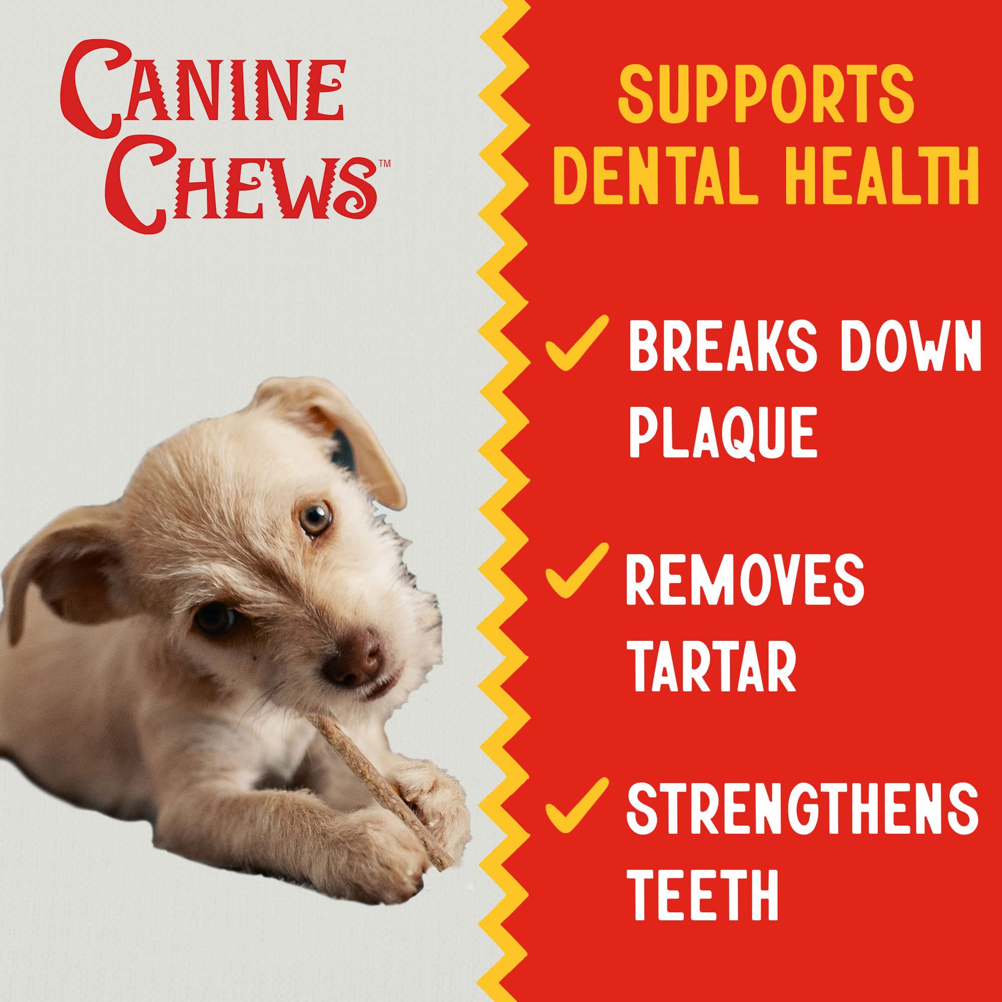 Canine Chews Sticks dentaires, texture croquante pour dents et gencives.