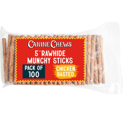 Canine Chews Munchy Rawhide, bâton 5 pouces, idéal pour petits chiens et entraînement.