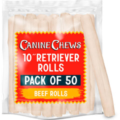 Canine Chews : rouleaux peau de boeuf seche pour gros chiens, mastication longue et naturelle.