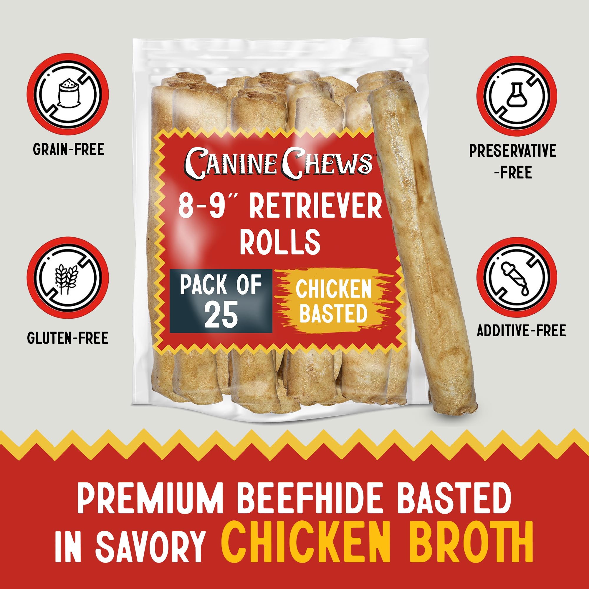 Rouleaux Canine Chews enrobés de bouillon de poulet savoureux.