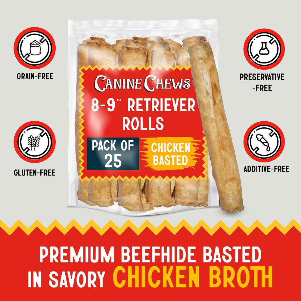 Rouleaux Canine Chews enrobés de bouillon de poulet savoureux.