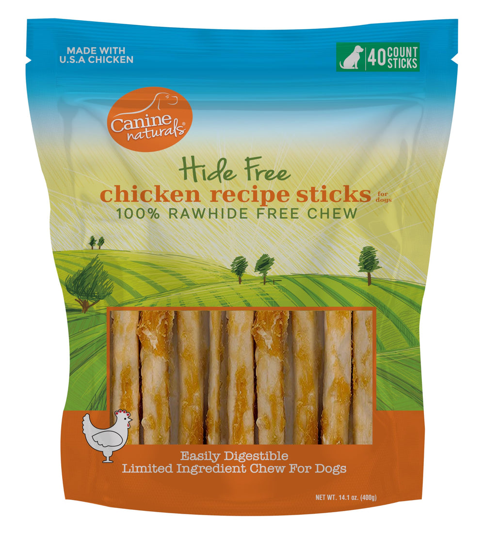 Canine Naturals baton-poulet emballage clair montrant une friandise sans cuir.