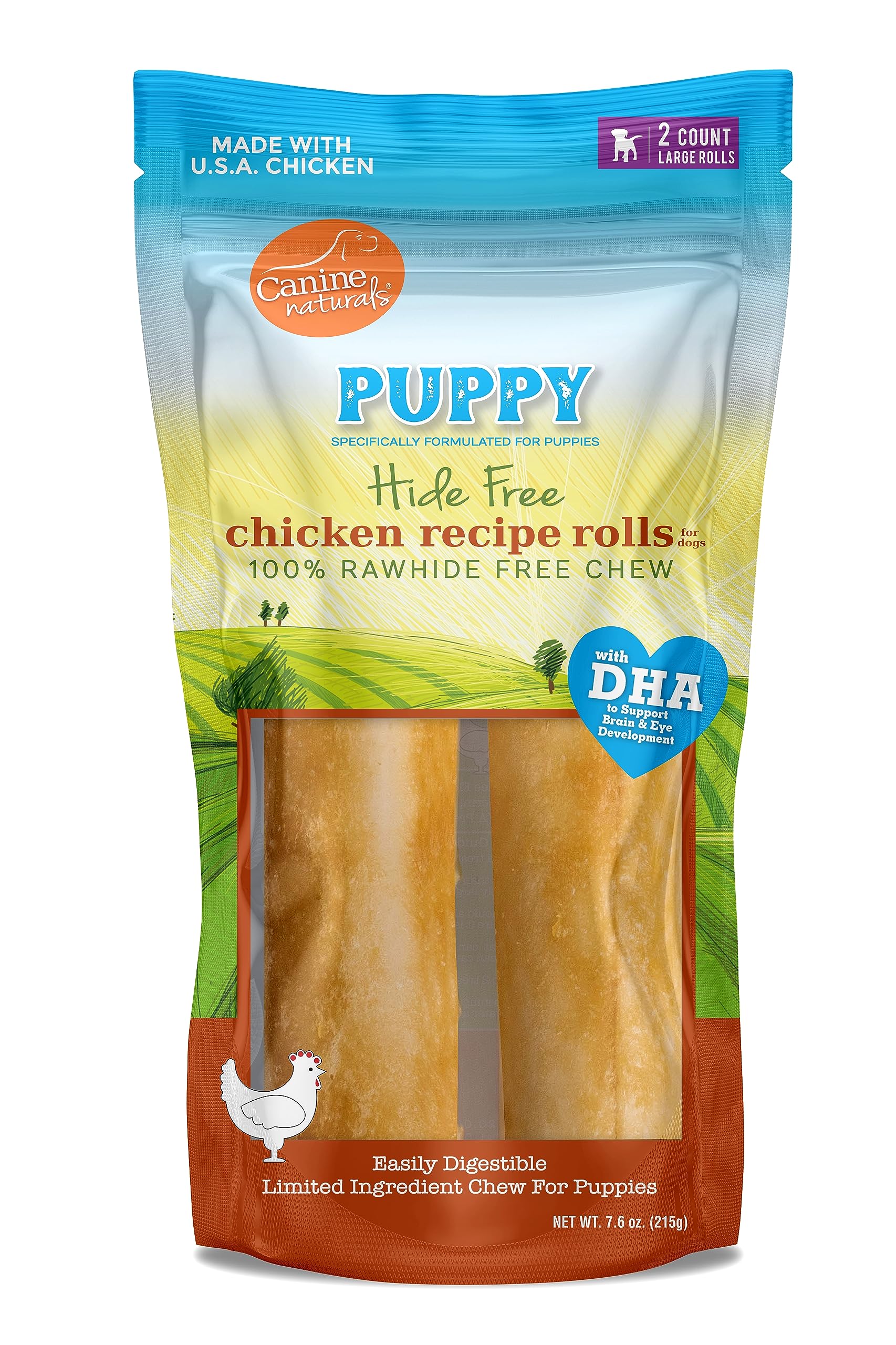 Canine Naturals emballage des rouleaux chiot poulet et riz favorisant une mastication sûre.