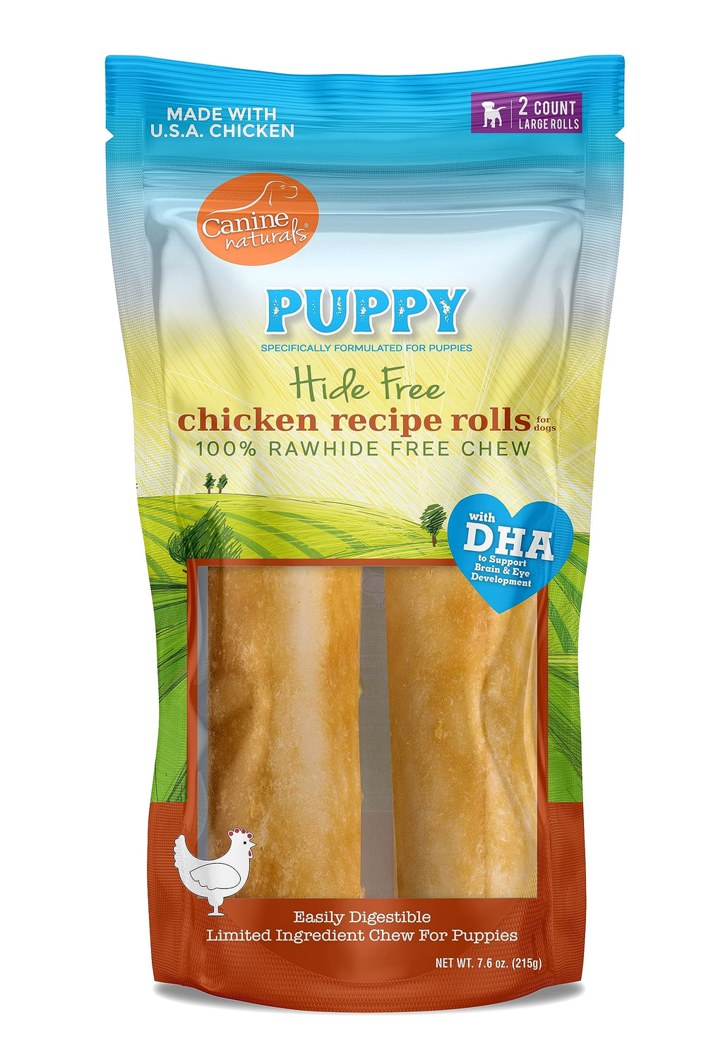 Canine Naturals emballage des rouleaux chiot poulet et riz favorisant une mastication sûre.