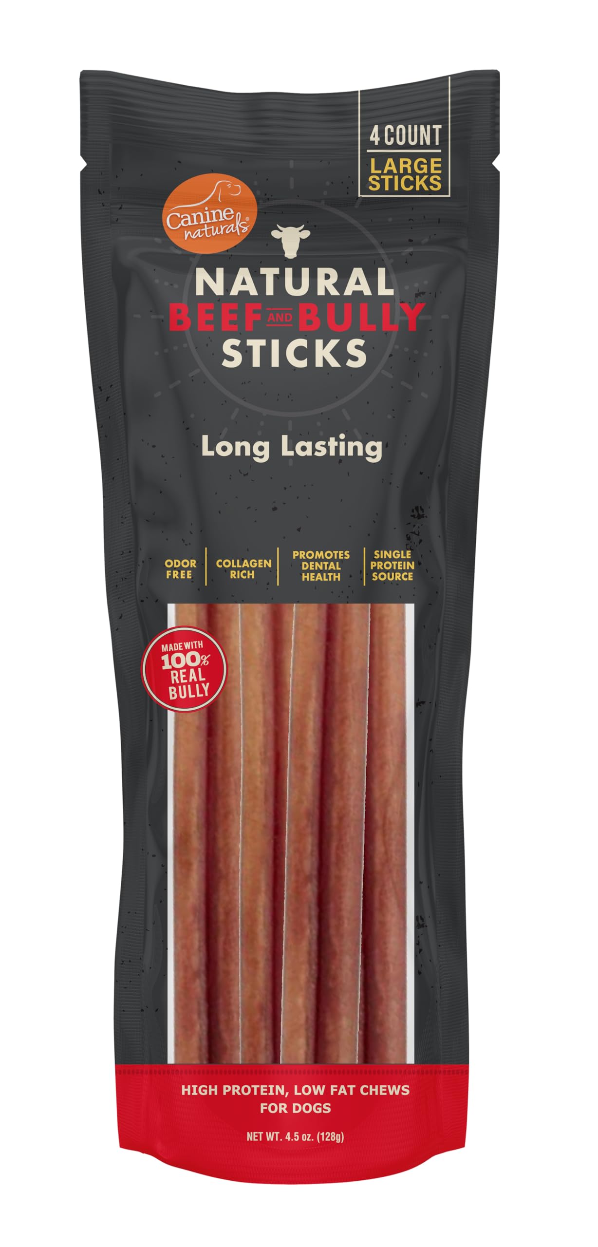 Canine Naturals tiges de bœuf longues, goût apprécié par les chiens.