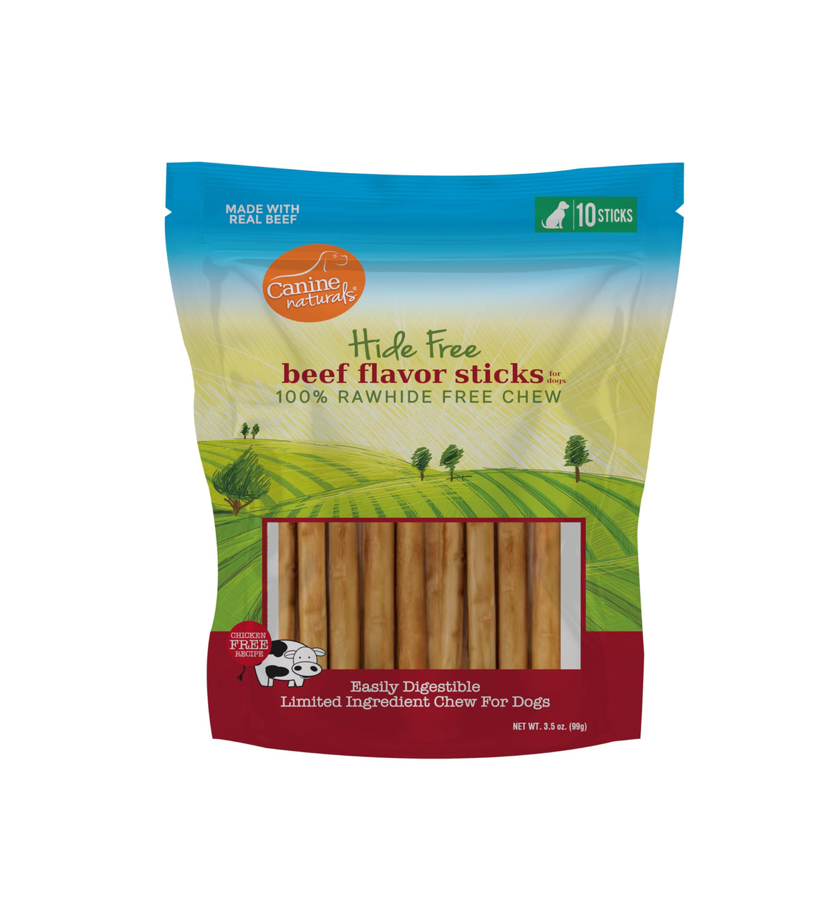 Canine Naturals Bâtonnet boeuf sans cuir, 5 po prêt à mâcher, texture attrayante.