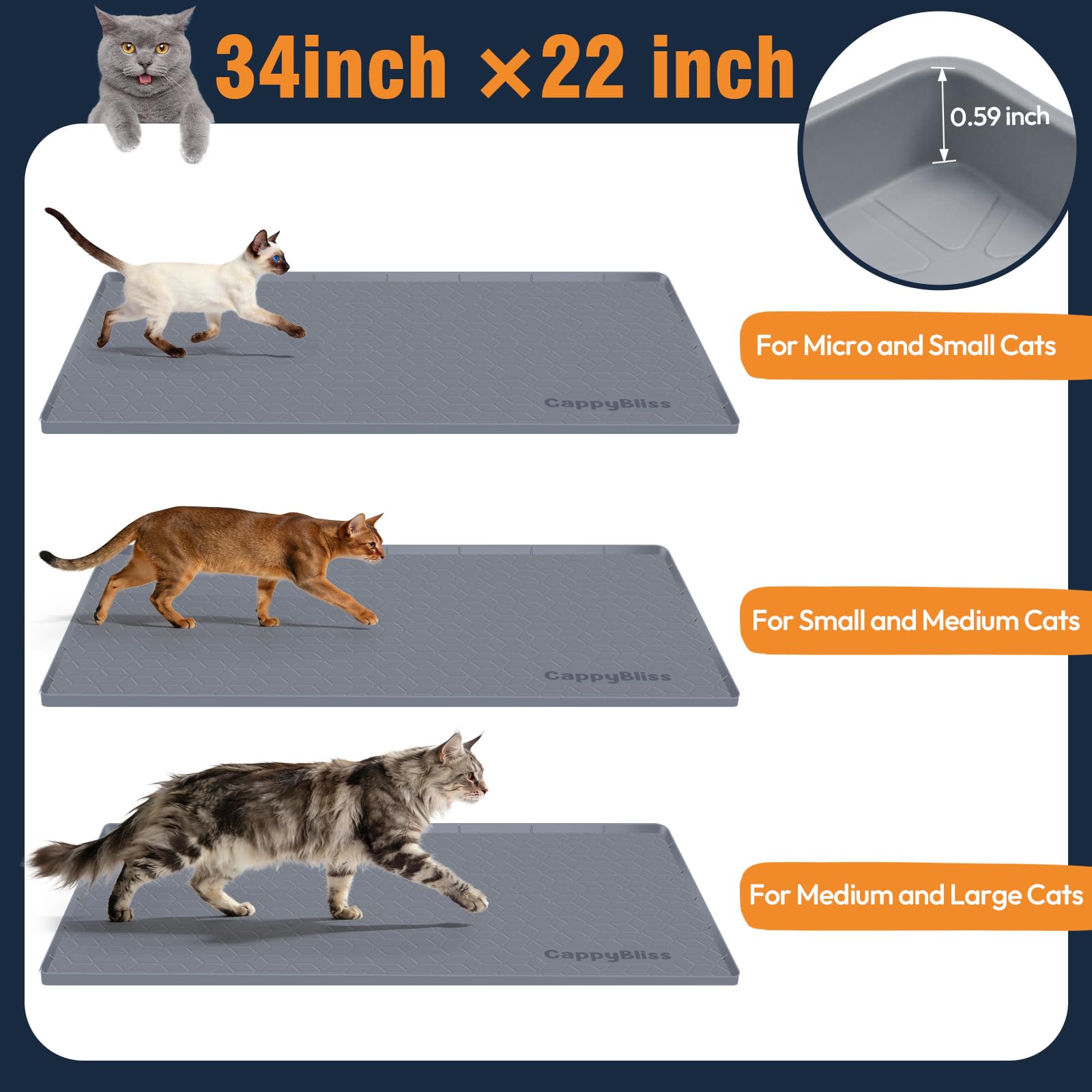 Usage polyvalent du tapis CappyBliss sous litière ou bols d’alimentation.