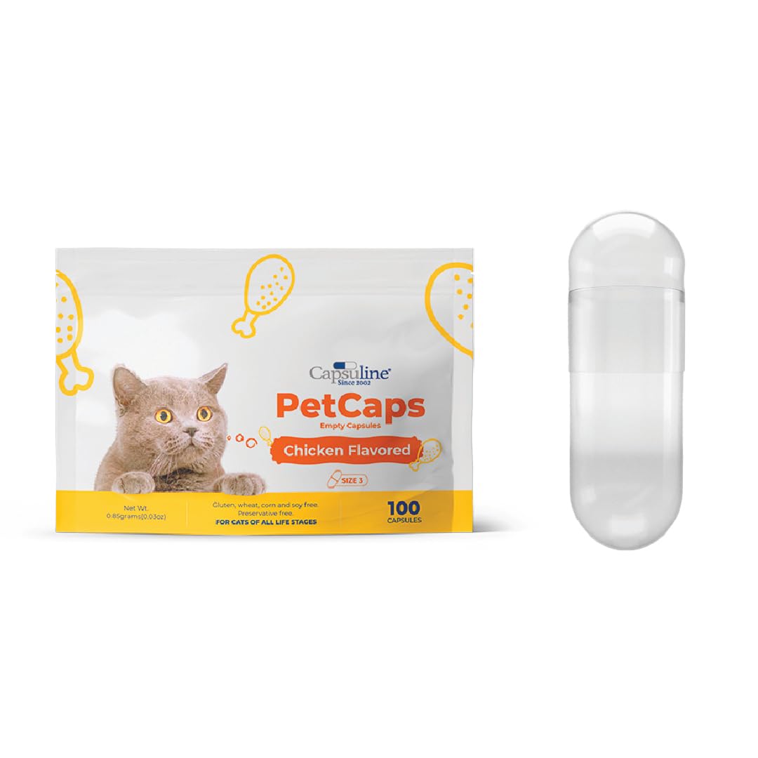 Capsuline PETcaps taille 3: capsules gelatine au goût poulet pour chats, faciles à administrer.
