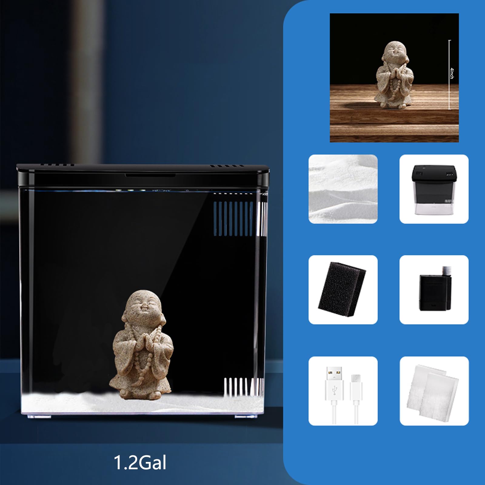 Bac Carefree Fish avec lumière bleue et blanche ajustable pour ambiance zen