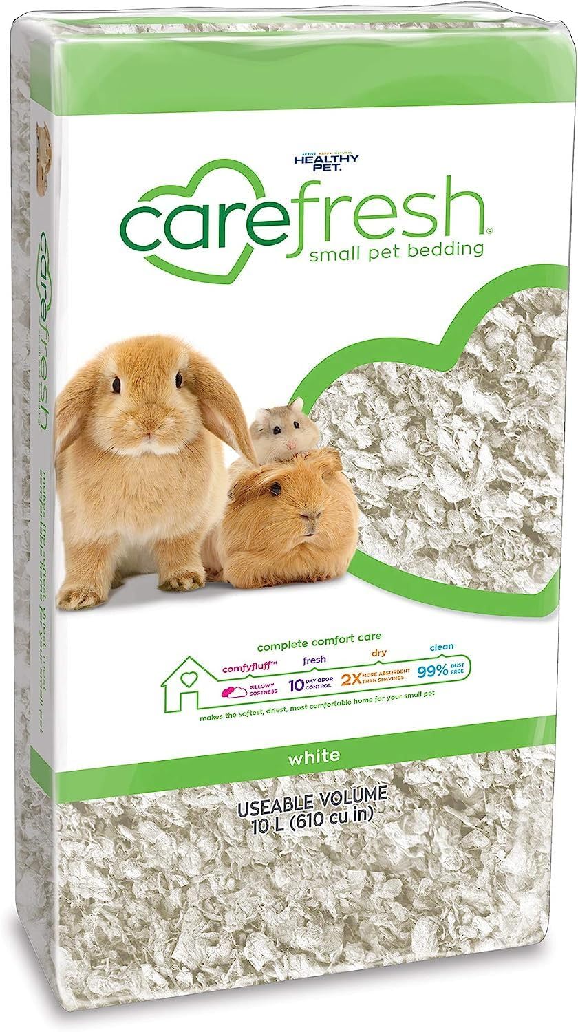 Carefresh litière papier blanc 10l, douceur durable pour petits animaux.