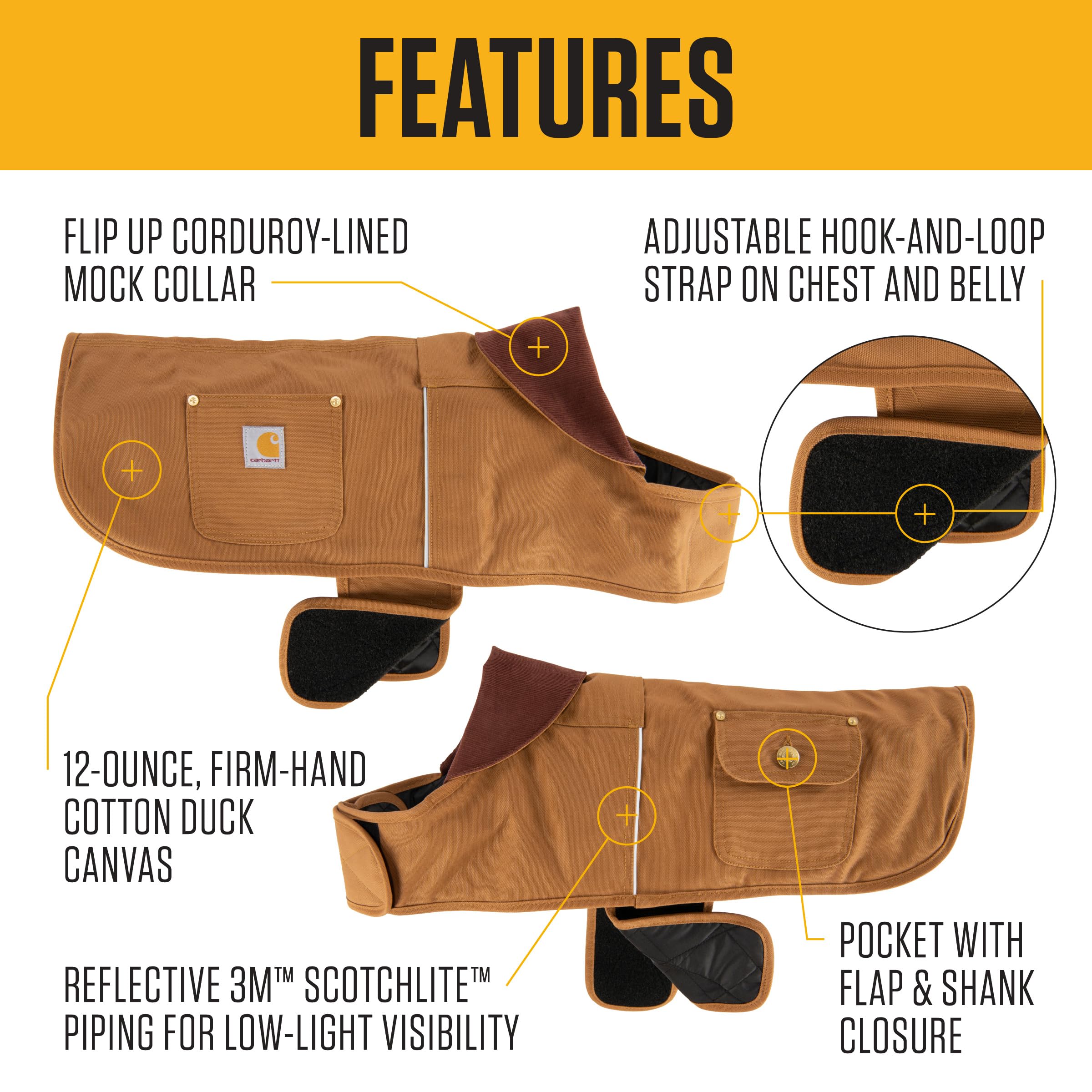 Chien vu de côté portant la veste Carhartt, coupe ajustable et résistante au vent.