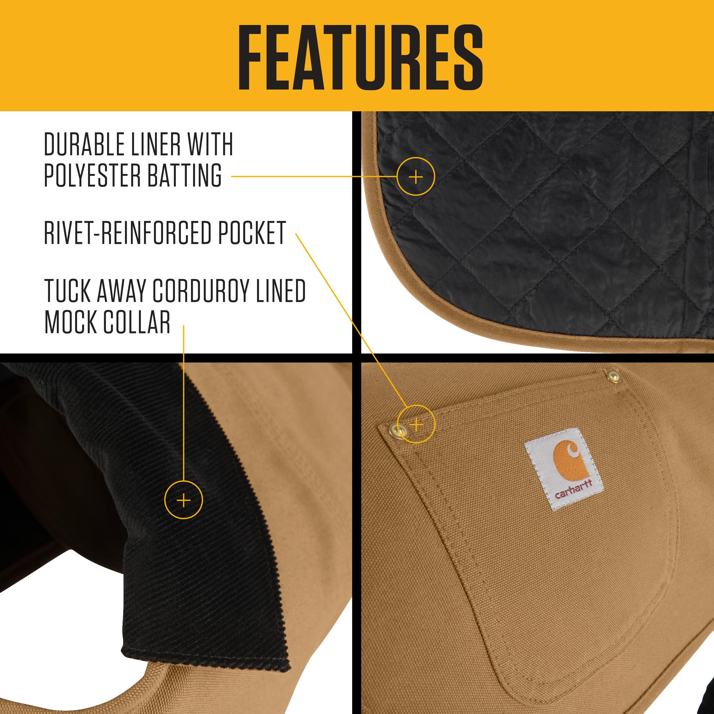 Carhartt manteau chien intérieur quilté visible pour chaleur et confort.