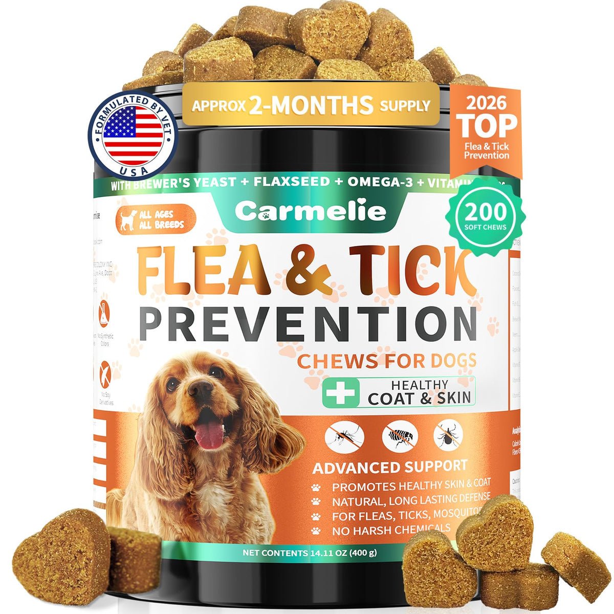 Carmelie gommes puces ettiques, boîte de 200, friandises naturelles pour chiens lors des sorties.