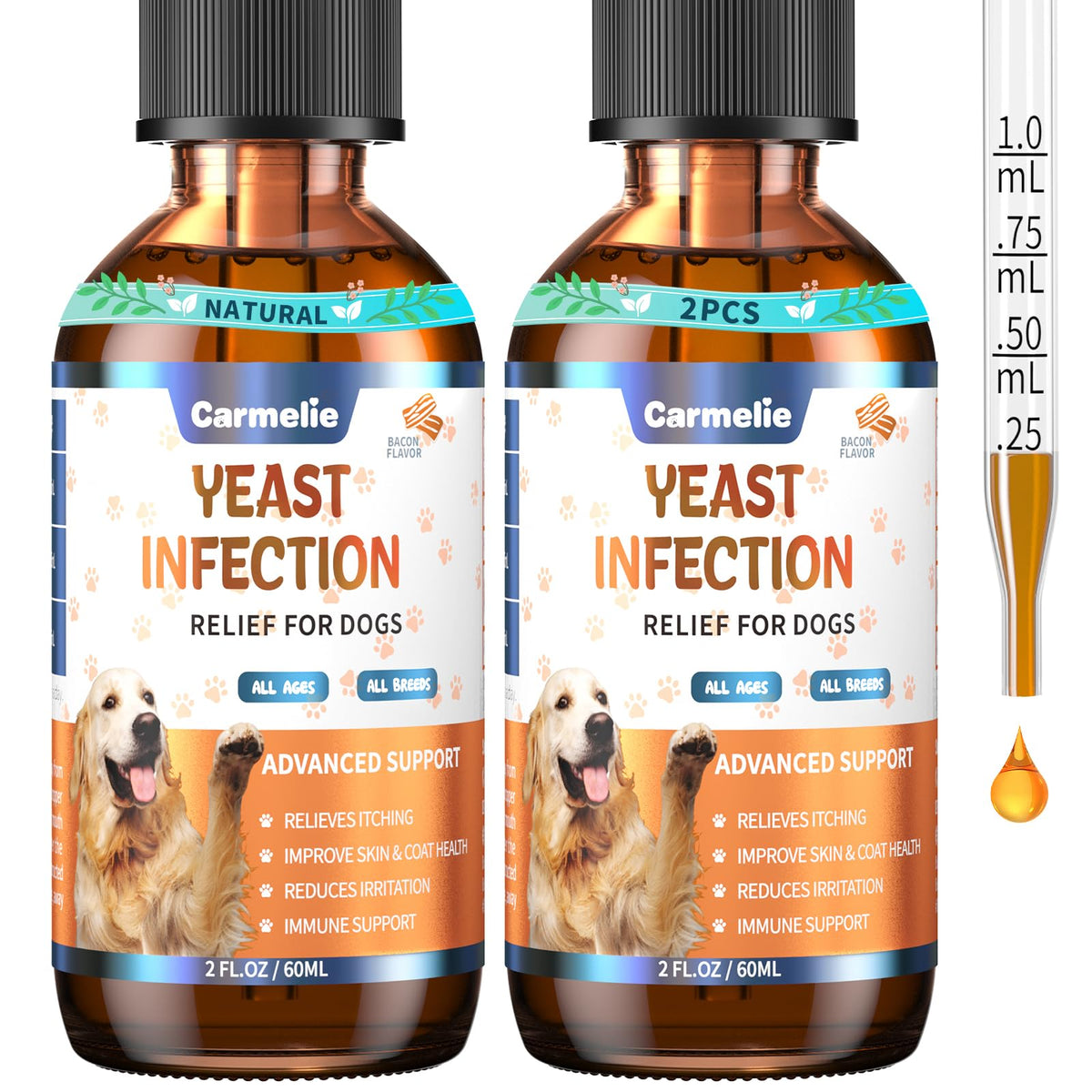 Carmelie, bouteille soin levures chien, saveur bacon, pratique et facile à utiliser