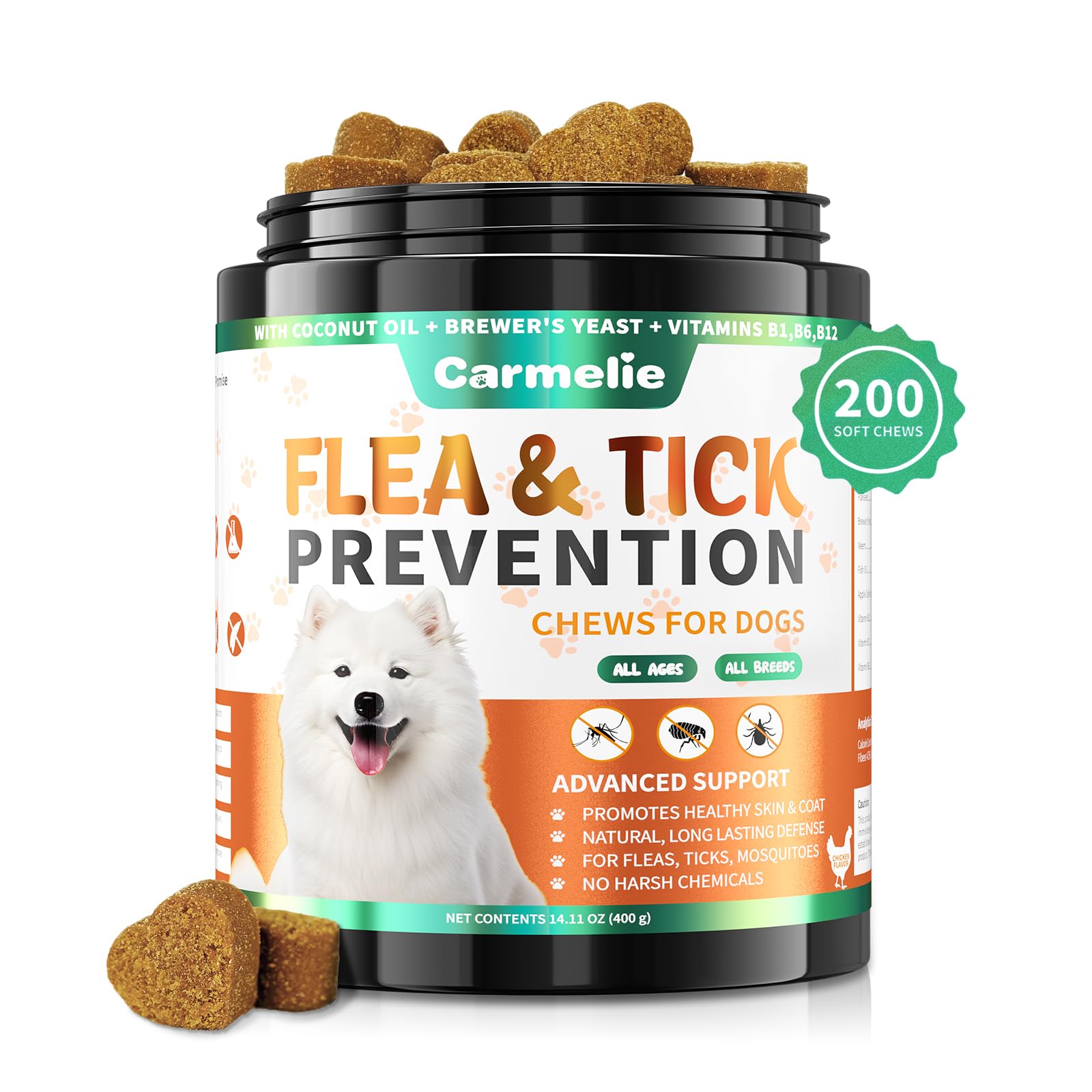Emballage Carmelie avec friables au poulet pour chien, pratique et attractif.