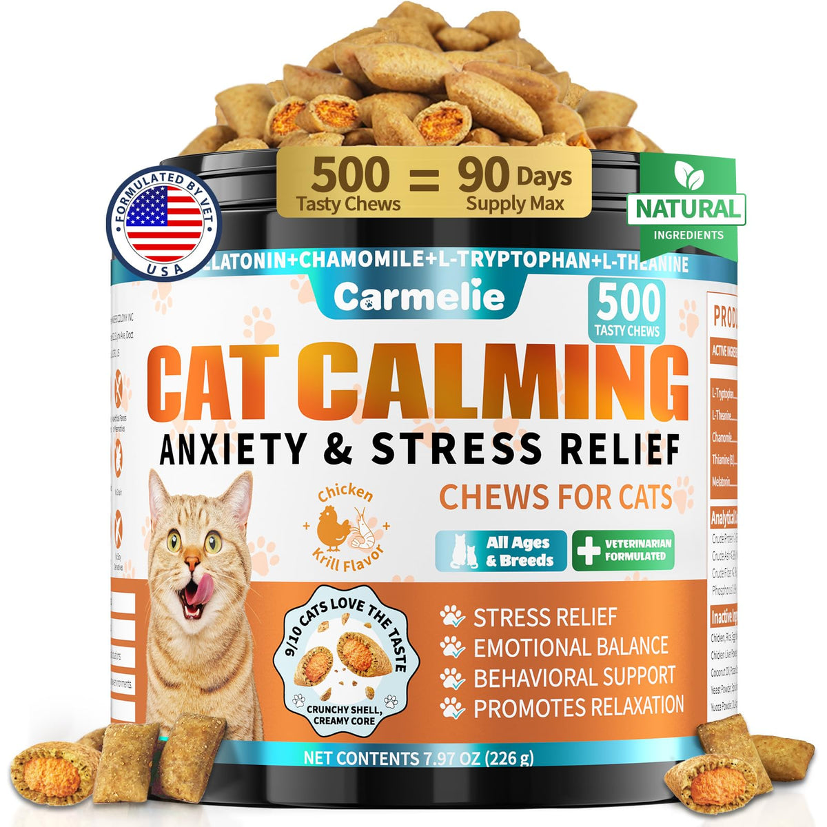 Friandises apaisantes Carmelie pour chat — emballage prêt à offrir, idéal pour débuter une routine calmante