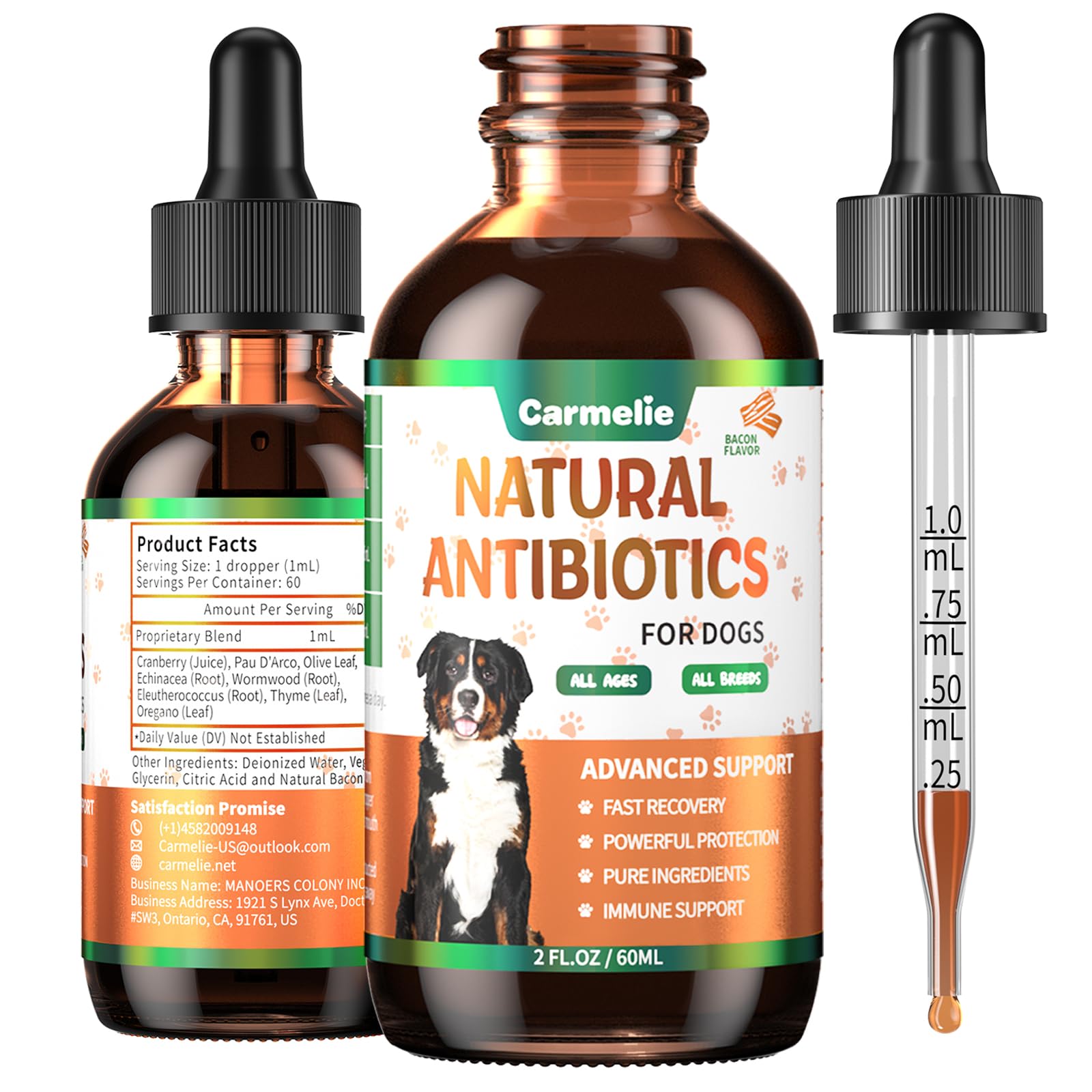 Gouttes Carmelie antibiotiques naturels pour chiens, soutien cutané potentiel.