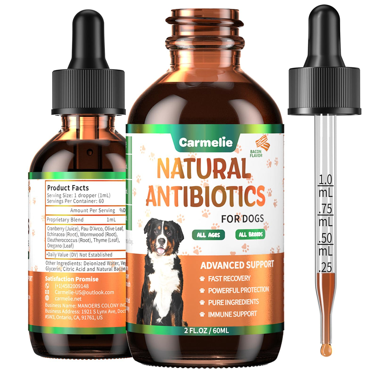 Gouttes Carmelie antibiotiques naturels pour chiens, soutien cutané potentiel.